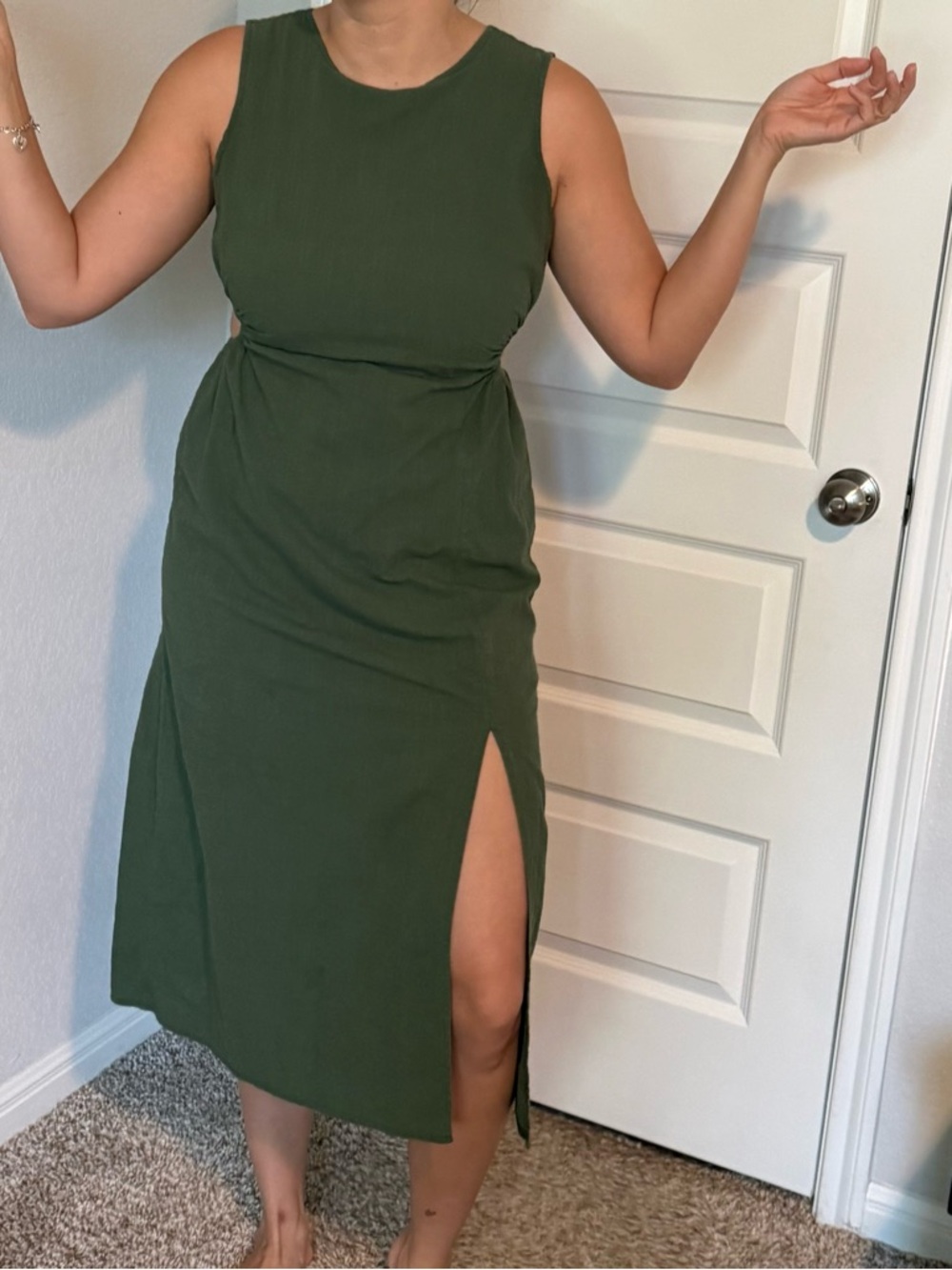 Olive Green Midi Cotton Dress with Side Slit size Medium
